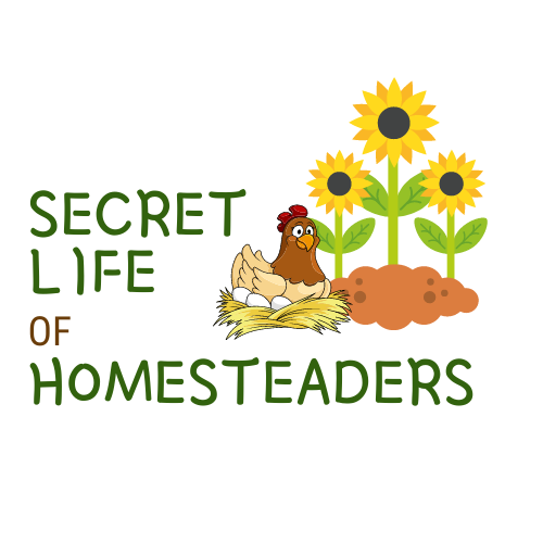brown hen on a nest in front of a sunflower garden as the logo for the Secret Life of Homesteaders