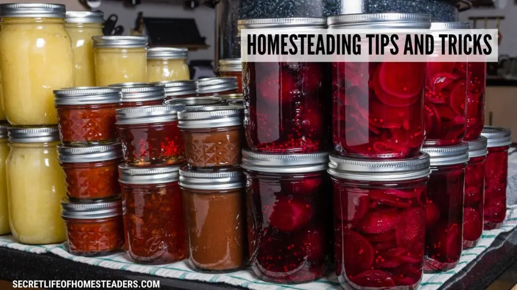 canned food in mason jars and the caption homesteading tips and tricks
